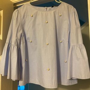 Light blue boxy bell sleeves shirt with pearls, worn once